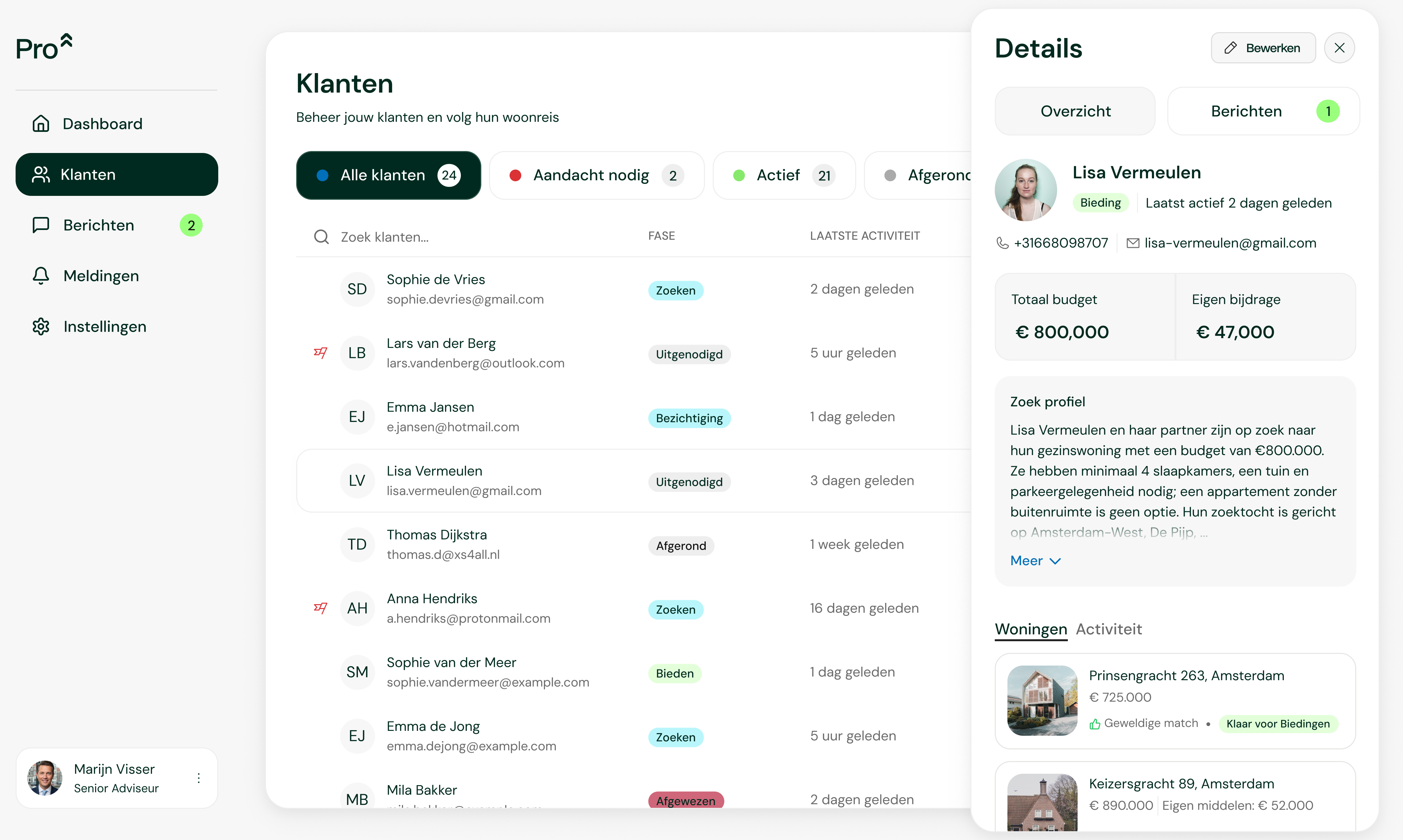 dashboard van de adviseur (klantoverzicht) plus een telefoon-mockup met een woningmelding onder de branding van de adviseur, vergelijkbaar met de Plus-hero