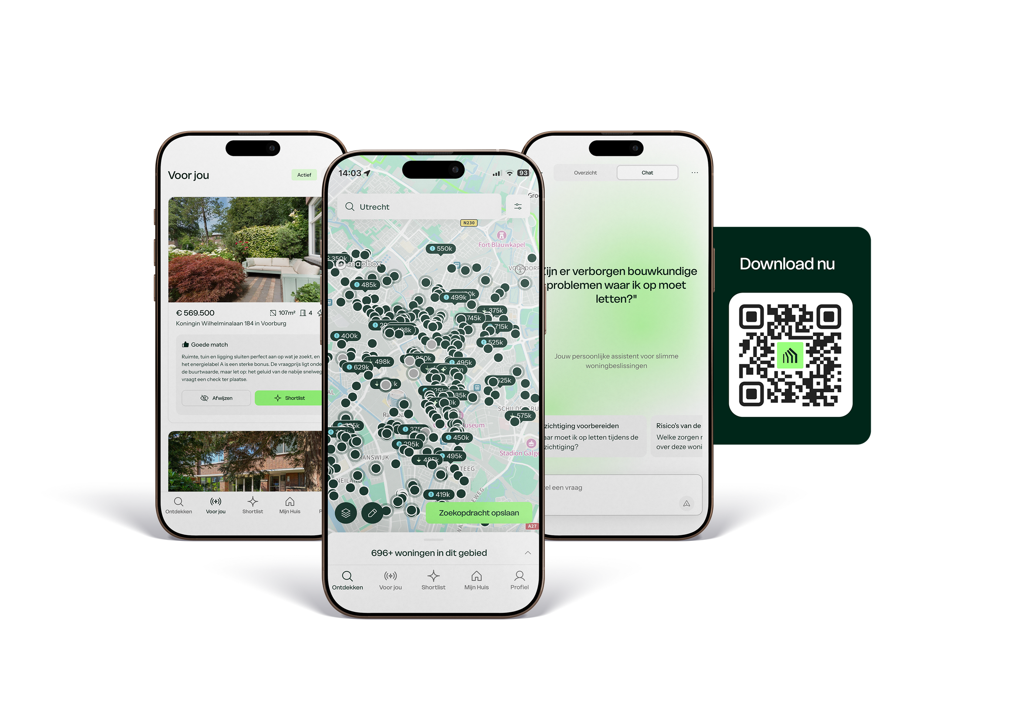 dashboard van de adviseur (klantoverzicht) plus een telefoon-mockup met een woningmelding onder de branding van de adviseur, vergelijkbaar met de Plus-hero
